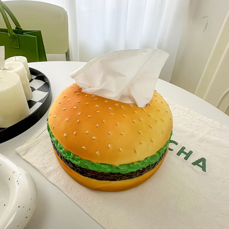 Soporte de pañuelos de forma de hamburguesa creativa - Dispensador de pañuelos de plástico redondo de tema hamburguesa, ideal para accesorios de escritorio para el hogar y la oficina - Paquete de 1