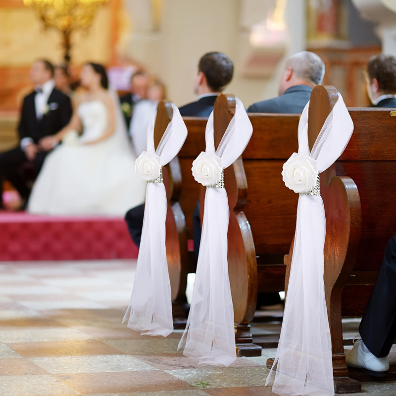 8 piezas de Decoraciones AITISOR para Pasillo y Sillas de Boda - Rosas Artificiales Blancas con Detalles de Estrás, Decoración Colgante de Tela para Iglesia, Hotel, Fiesta - Versátil para Bodas, Fiestas, Eventos de Primavera y Verano, Decoraciones Nupcia