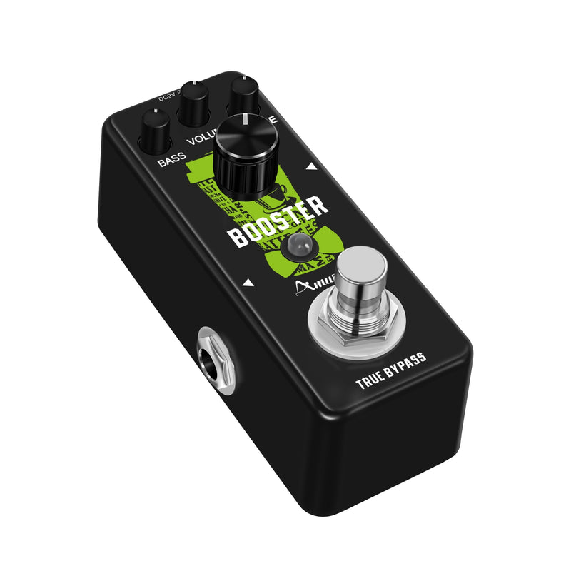 Amplificador de efecto de guitarra Amuzik Mini Booster, aleación de aluminio negro, verdadero aumento de ganancia, señal analógica, control de perilla, cableado, ≤36V, no requiere batería