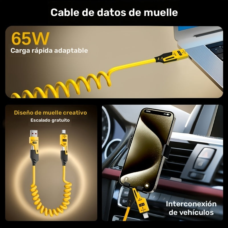 Mejor elección: 1pc/5pcs cable de carga universal de alta velocidad de aleación de zinc 65W, retráctil con resorte compatible con for Samsung S24, S23, S21, One Plus, Mi 13, Huawei, OPPO y series iPhone – la mejor opción para cargar en el coche