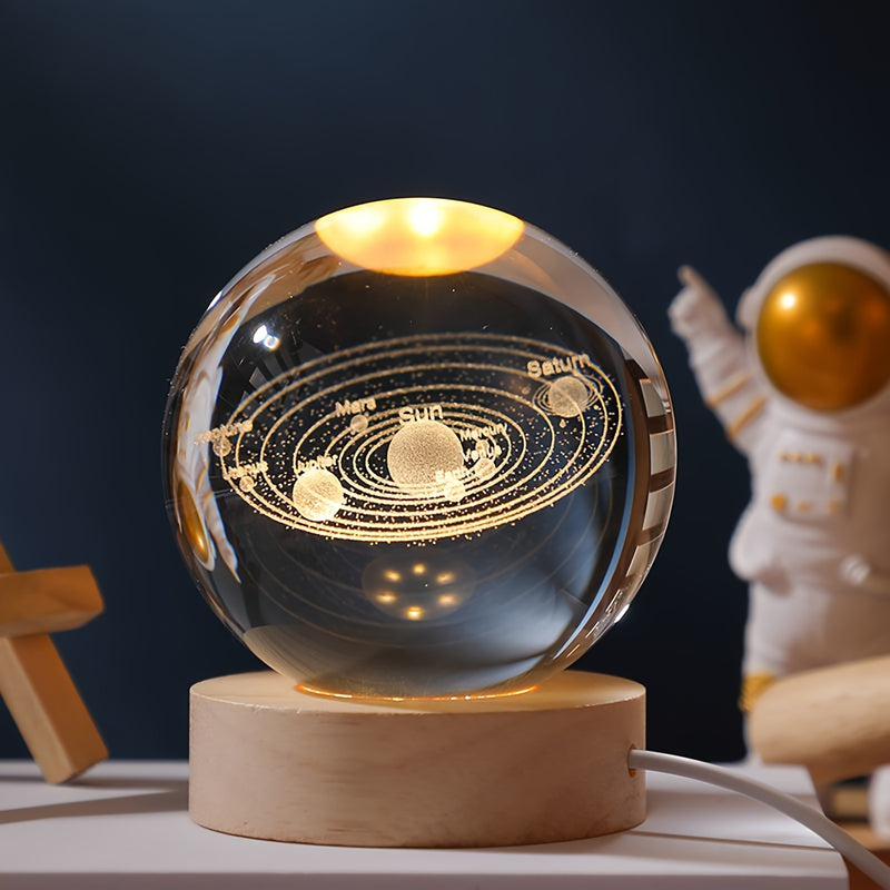 Conjunto de lámpara de mesa de cristal grabado con láser 3D moderno con patrones de Saturno, Luna, Galaxia, Sistema Solar - Base de madera con forma geométrica con alimentación USB para luz nocturna para decoración del hogar, regalo para mujeres, anivers