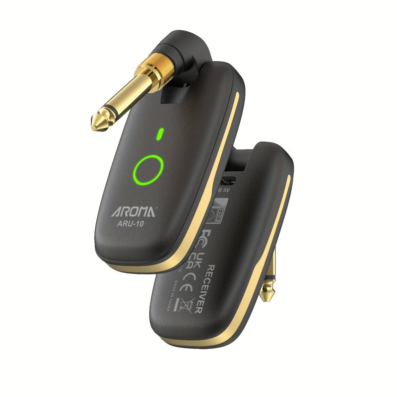 AROMA ARU-10 Transmisor-Receptor sin varillas UHF 863~865MHz de 7 Canales con Uso Simultáneo Múltiple, Compatible con Transmisión Única y Recepciones Múltiples, Conectores Giratorios para Bajo Eléctrico, Batería y Teclados – Solo para Uso Europeo
