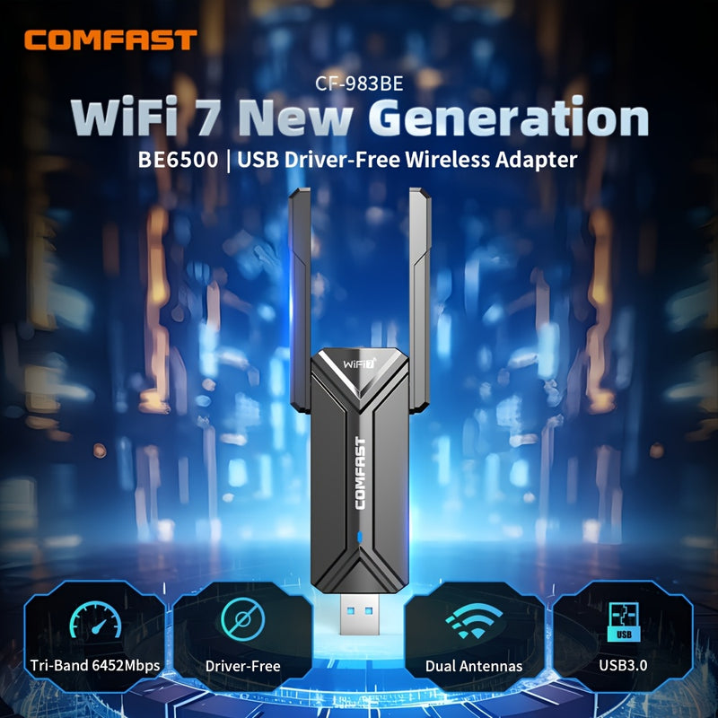 Adaptador WiFi 7 USB Comfast para Windows 10/11/Pro/Max, lector de tarjeta de red Ethernet, USB-A a Wi-Fi Dongle, Plug and Play, con control de aplicación, Voltaje ≤36V, Accesorio de Internet inalámbrico, Wi-Fi Dongle | Diseño negro elegante | Diseño dur