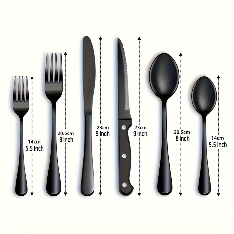 Juego de 24 piezas de cuchillería occidental de alta calidad de acero inoxidable, con cuchillo, tenedor y cuchara. Cuchillo de cuchillo de carne, cuchillo de bistec, cubertería negra. Cubertería de plata de acero inoxidable, cuchillo de postre, tenedor y