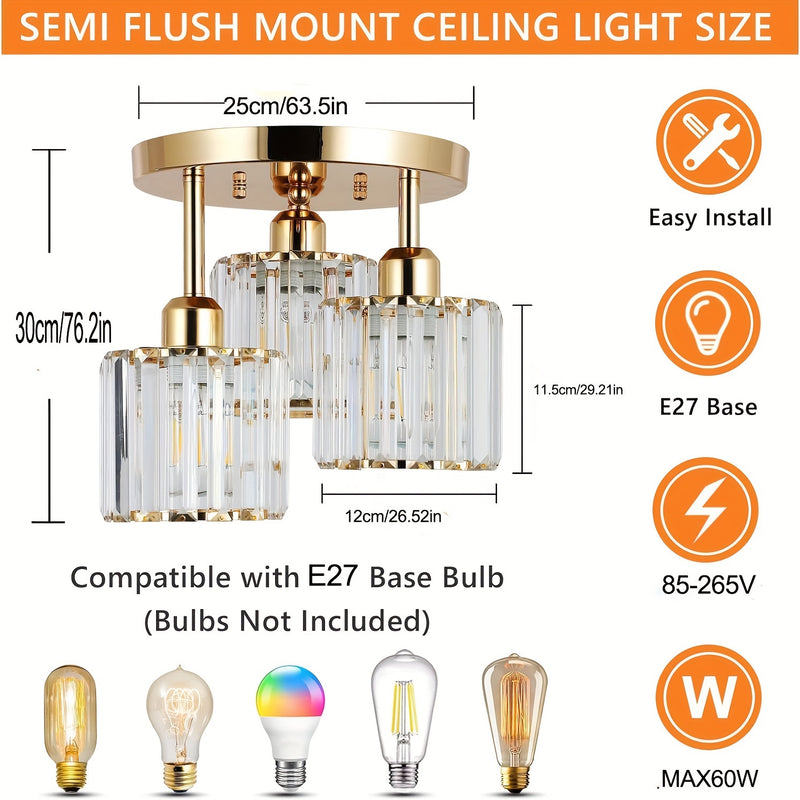 1 pza. Moderno candelabro de cristal de 3 luces con pantalla de cristal, base E27, 110V-240V, montaje semi empotrado, luz colgante ajustable para sala de estar, dormitorio, cocina, pasillo, baño, accesorio de iluminación.