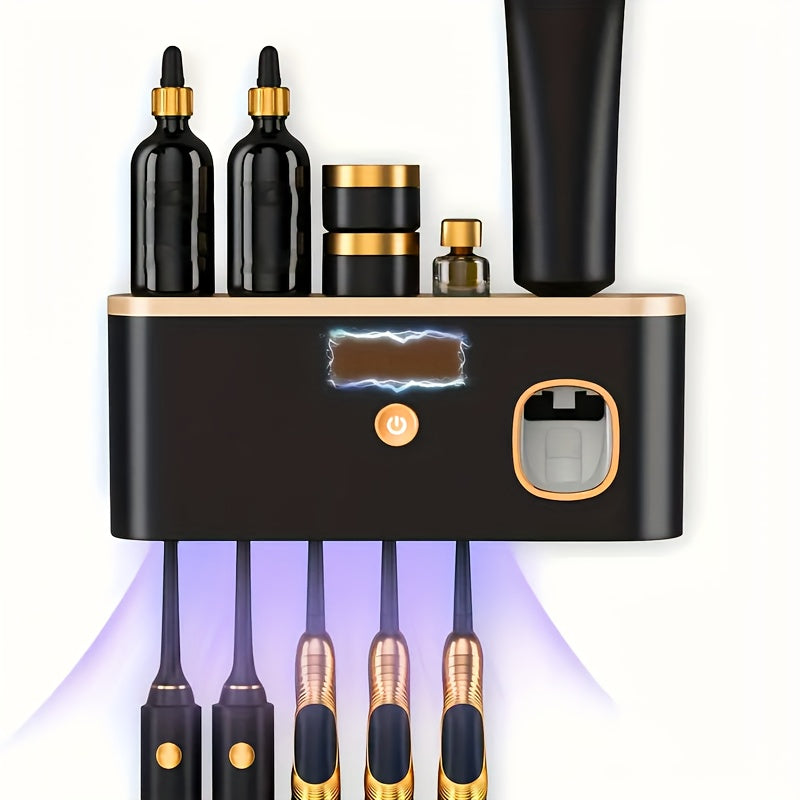 Portacepillos inteligente con luz UV, organizador de baño sin taladro, carga USB, 4 compartimentos coloridos, diseño blanco moderno para cepillos de dientes e hilo dental, instalación sin perforaciones, estética contemporánea