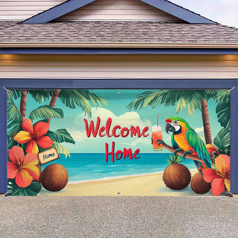 1 pieza, letrero de puerta de garaje de pavo tropical de playa, gran decoración al aire libre con letrero "Bienvenidos a casa", palmeras y diseño floral vibrante, perfecto para Navidad, fiestas de vacaciones y fondos temáticos de playa, decoración temáti