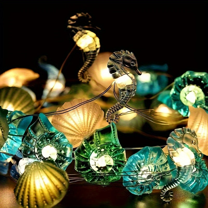 Luces LED de alambre de cobre con diseños de estrellas de mar, caballitos de mar, conchas y caracoles, decoración para el hogar, fiestas, bodas y festivales, funcionan con pilas, 36V seguro, pilas no incluidas, iluminación festiva, luces con batería, dec
