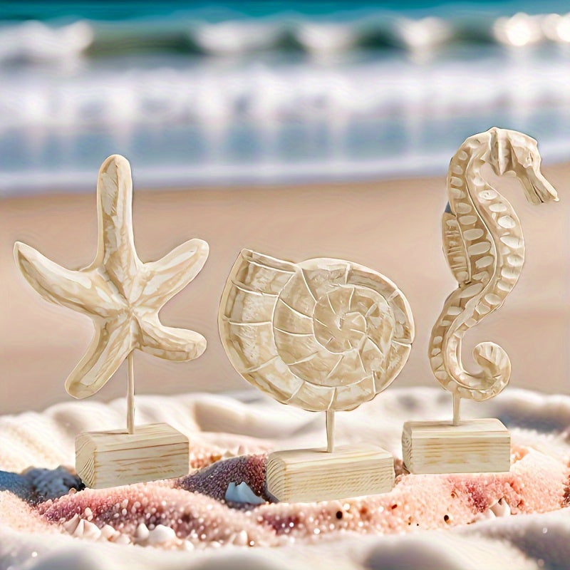 Conjunto de 3 Piezas de Estatuas de Madera Hechas a Mano al Estilo Náutico de Playa: Estatuas de Estrella de Mar/Conejo de Mar/Caballito de Mar para Decoración del Hogar
