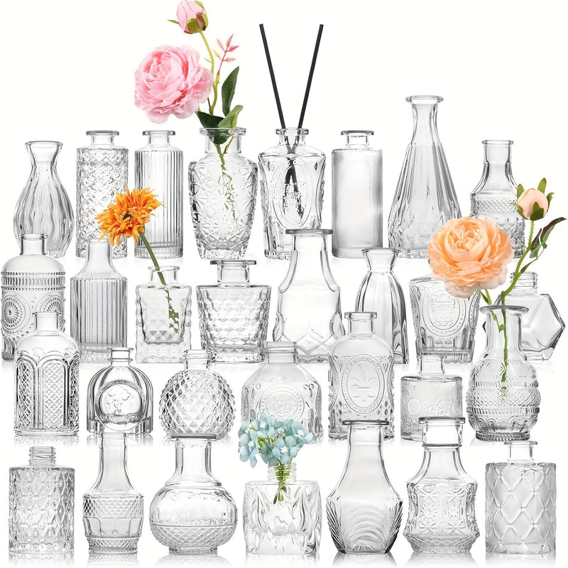 Juego de 10/20/25/30 Jarrones de Vidrio Transparente con Relieve para Arreglos Florales, Adecuado para Decorar Bodas, Escritorios de Oficina, Salas de Estar, Cocinas, Mesas de Comedor, Fiestas, Decoraciones para Cenas a la Luz de las Velas