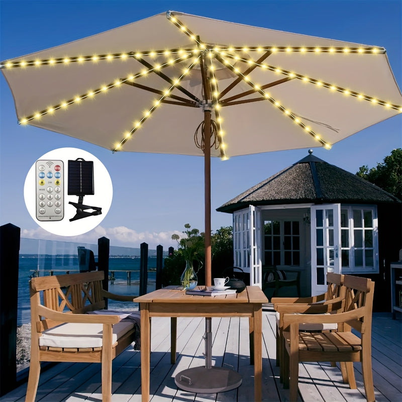 1pc Sombrilla Solar con Luz, Gran Sombrilla Rectangular para Exterior con Base y Soporte, Diseño Doble Cara con 104 Luces LED Solares, 8 Modos de Iluminación Control Remoto, Blanco Cálido para Jardín o Piscina, Beige, Incluye Batería