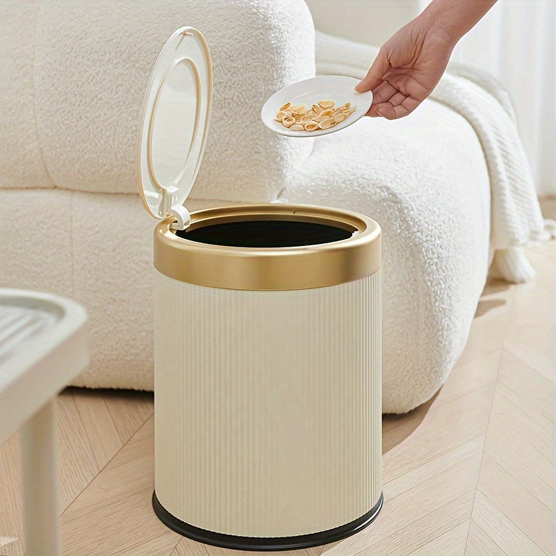 1pc Cubo de Basura Sin Manos con Tapa que se Abre Presionando, Diseño Cilíndrico Moderno y Duradero para Hogar Oficina Cocina Dormitorio, Detalles en Blanco y Dorado, Cesta Compacta Ahorra Espacio, Papelera Elegante, Cubo de Plástico Estilo, Diseño Funci