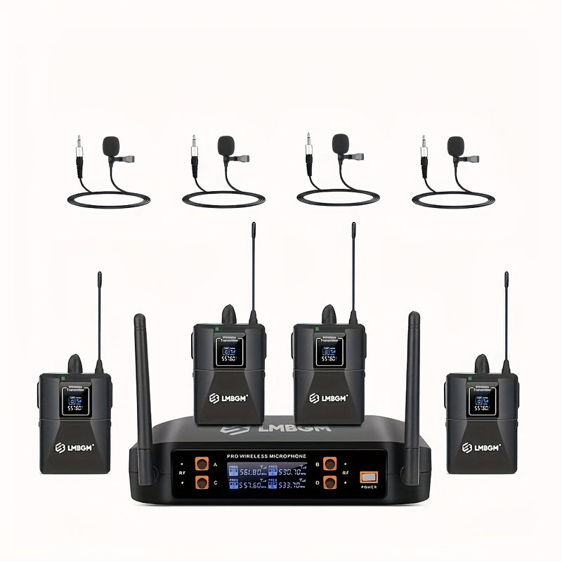 Sistema de micrófono inalámbrico LMBGM Pro 4 canales 4 Bodypacks Lavalier 4 Micrófonos de solapa 4 Auriculares para sistema de karaoke Iglesia Hablando Conferencia Boda Fiesta.
