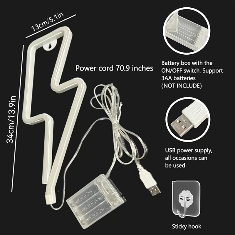 1pc Luz de neón relámpago, luz decorativa LED de doble alimentación por USB o batería, material plástico para colgar en la pared con control de interruptor, adecuada para salas de juegos, bares, fiestas, regalo de cumpleaños