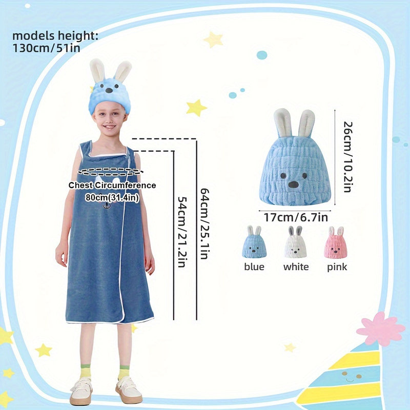 Lindo conjunto de falda de baño de oído de conejo de dibujos animados, incluyendo 1 gorra de pelo seco y 1 falda de baño, toalla de baño de niños de secado rápido suave, adecuada para niños con una altura de 80-120 cm