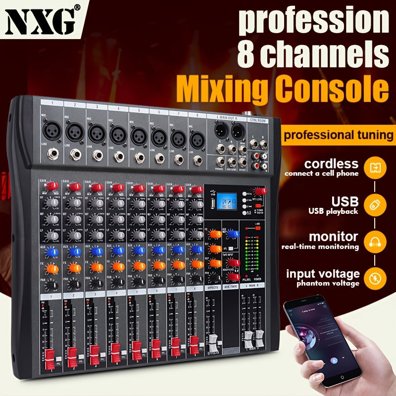 Consola de mezcla audio profesional de 6/8 canales con alimentación fantasma de 48V, USB y interfaces XLR/RCA, ideal para actuaciones en vivo, grabación de streaming y escenarios musicales
