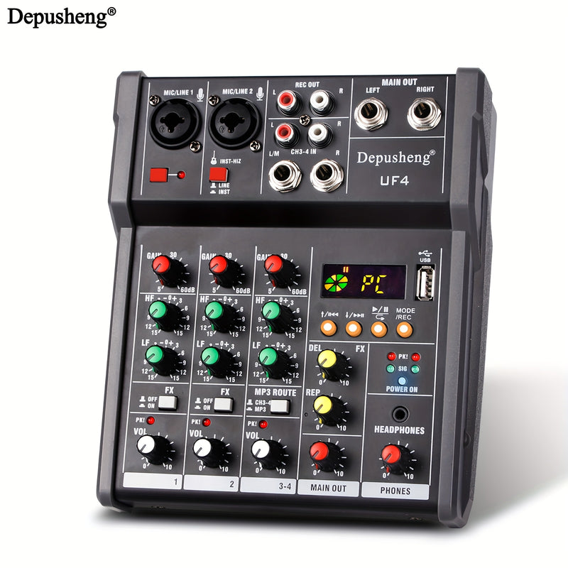DEPUSHENG Mezclador de Audio Digital de 4 Canales para USB, MP3, Estudio de DJ Estéreo y Streaming – Consola de Sonido Profesional con Material ABS, Negro, Perillas y Botones Multifuncionales para Mezclar, Grabar y Reproducir, Equipo de DJ|Diseño Elegant
