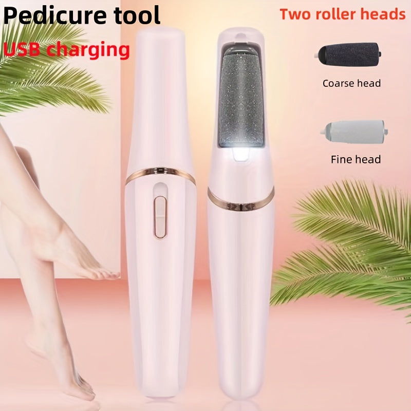 Amoladora Eléctrica de Pies con Cabezales Dobles - Dispositivo de Pedicura USB, Carga Rápida, Batería de Litio, Herramienta Ergonómica para Eliminar Pelos Muertos y Alisar Pies, Diseño Elegante, Construcción en Plástico, Eficiente para Uso Doméstico o Pr