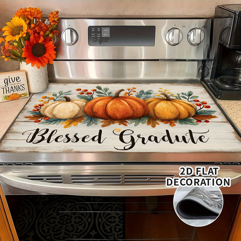 1pc Cubierta Decorativa para Estufa de Acción de Gracias - con Calabaza, Texto "Graduado Bendecido" - Protector Antirrayas con Forro de Goma para Estufas a Gas/Eléctricas - Ajuste para Estufas Eléctricas Estándar - Decoración para Acción de Gracias, Otoñ