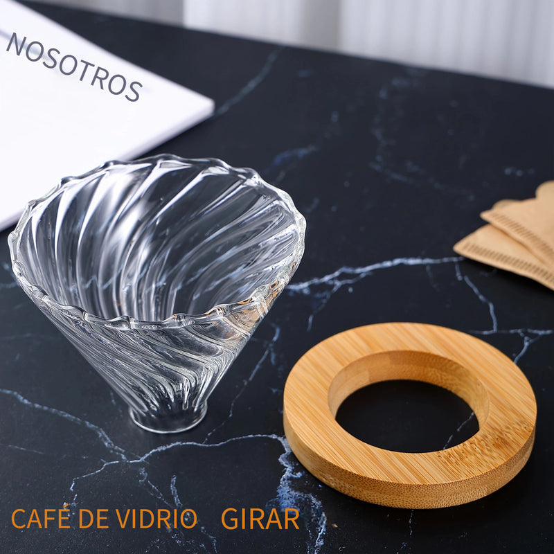 Juego de café artesanal, con espiral de vidrio con rayas diagonales y 20 filtros de papel V60