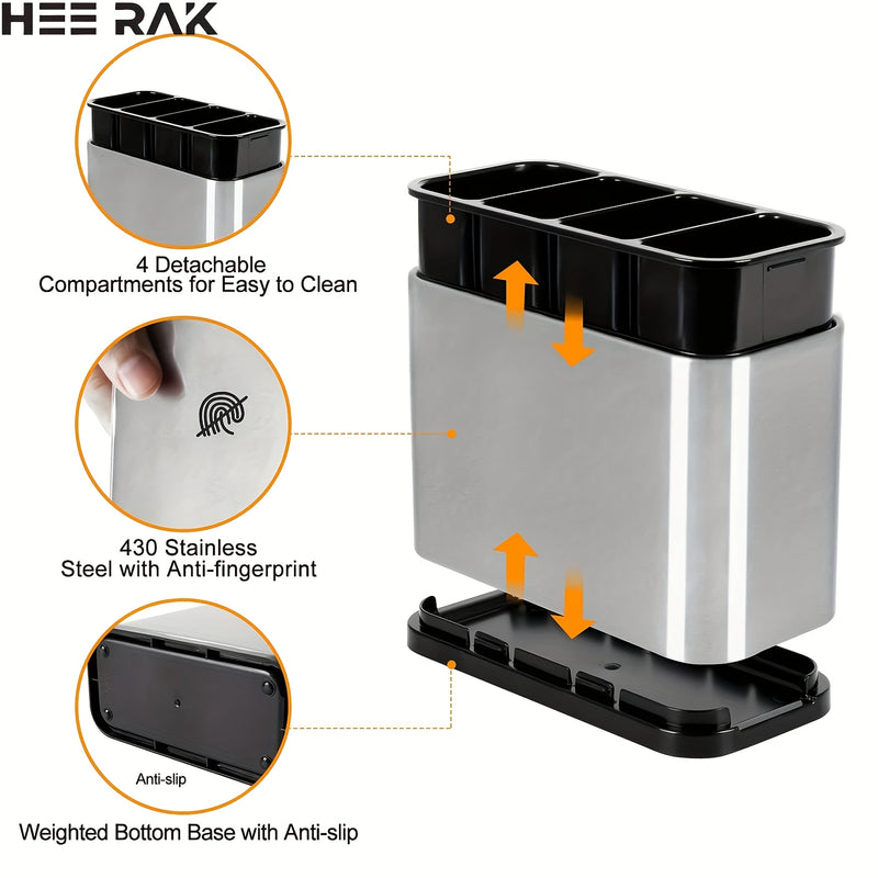 Un organizador de cubiertos de plata, un soporte de utensilios de cocina de encimera, un soporte de bolas de acero inoxidable, con un diseño de 4 compartimentos para organizar utensilios, cucharas y tenedores.