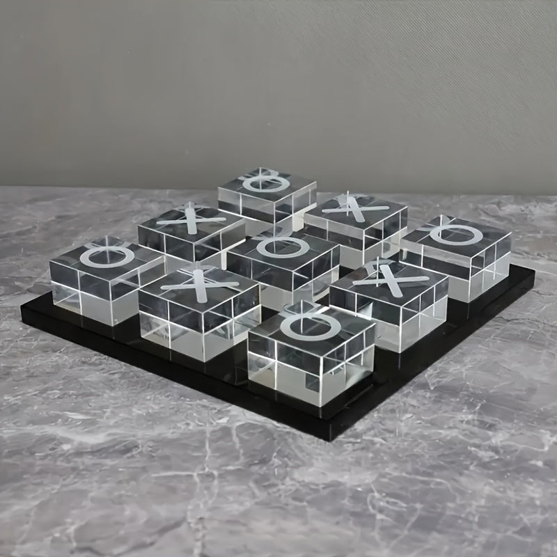 Decoración minimalista moderna de tablero de ajedrez XO cuadrado con cristales, pequeño adorno geométrico en blanco y - estatua multifuncional para decoración interior de escritorio o sala sin necesidad de electricidad