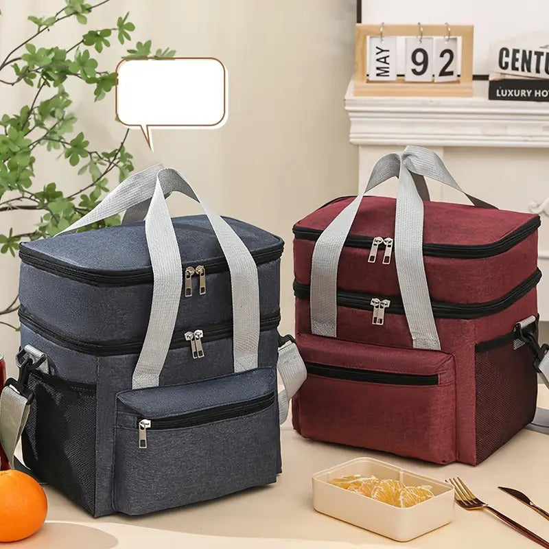 Bolsa de almuerzo aislada grande, de doble capa, impermeable y reutilizable, adecuada para pícnic, viajes, oficina. Diseño multi-funcional para llevar al hombro o de mano, regreso a la escuela.