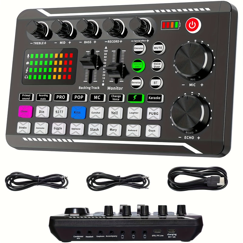 La tarjeta de sonido en vivo profesional F998 cuenta con un cambiador de voz y efectos de mezcla de DJ. Es recargable por USB y puede producir más de cuatro modificaciones únicas de sonido. Con un conector de 3,5 mm, es ideal para grabaciones de computad