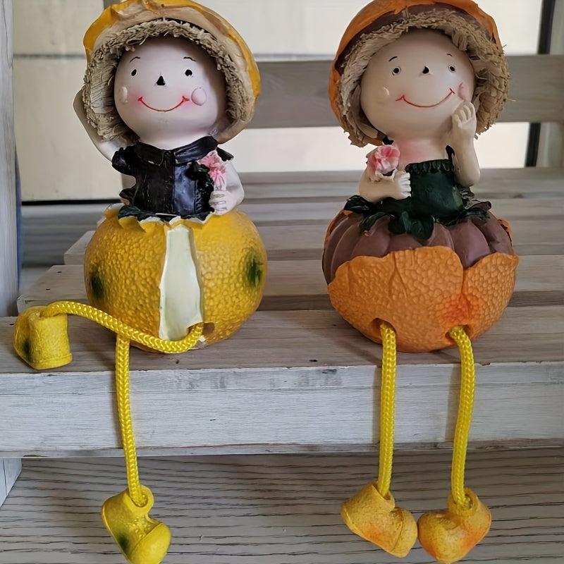 2 piezas de Muñecas de Frutas Caprichosas - Naranja y Limón Adorables Decoración de Escritorio con Sombreros de Paja y Vestidos, Perfectas para Pascua, Habitación, Jardín o Balcón, Accesorio Festivo para el Hogar | Diseño Juguetón | Resina Duradera