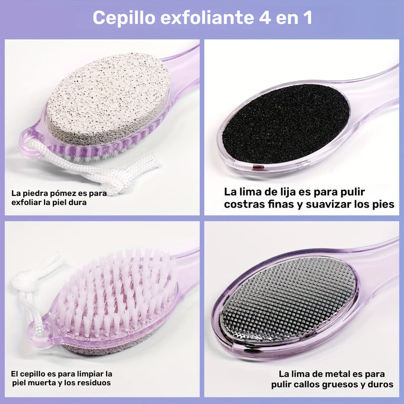 Kit de Cuidado de Pies Deluxe 4 en 1 - Removedor de Callos Multifuncional, Exfoliante de Pies, Cepillo y Recortador con Piedra Pómez, Lima de Metal y Cerdas de Limpieza Suaves - Sin Fragancia, Plástico Duradero, Operación Manual, No Requiere Baterías, Fá