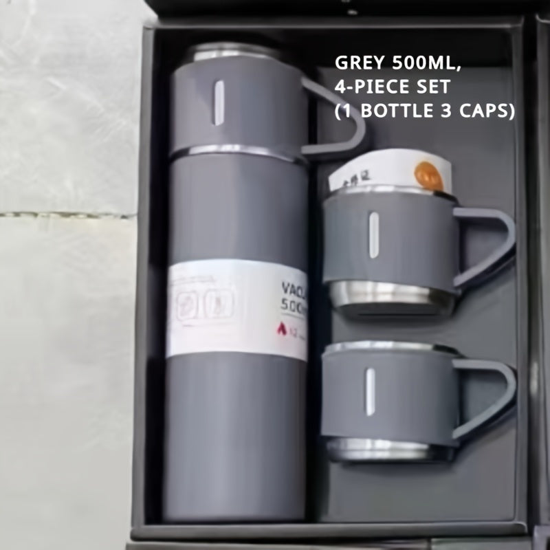 Juego de 4 termos de acero inoxidable con 3 tapas, multiusos, sin necesidad de electricidad, ideal para bebidas frías y calientes, incluye caja de regalo