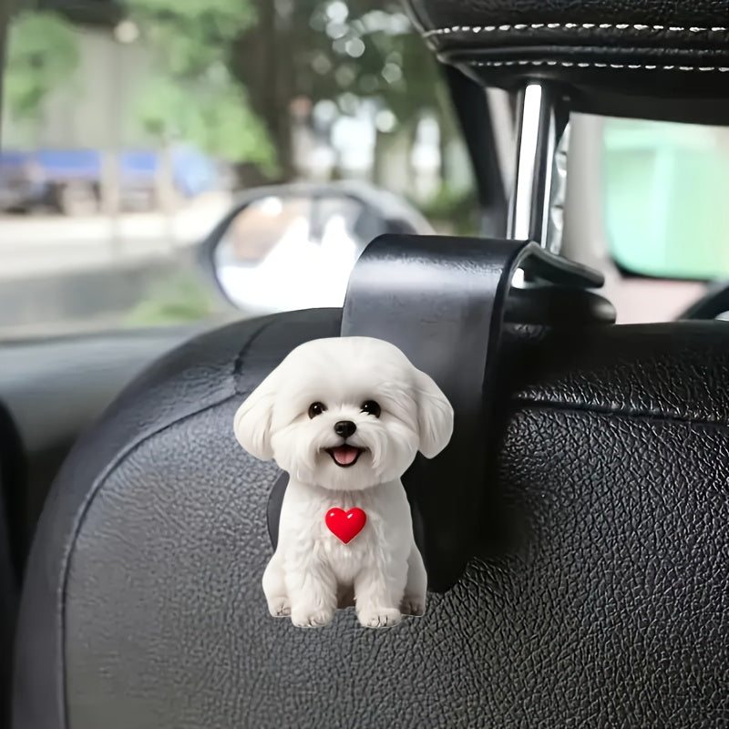 2 piezas - Ganchos de asiento de coche 2D de perro blanco lindo, ganchos de almacenamiento oculto integrados en el asiento trasero, accesorios de asiento de coche, cesta de flores, multifuncionales