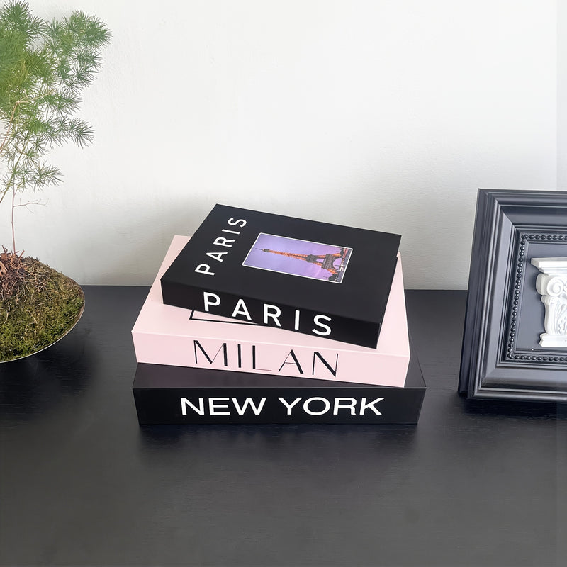 3 libros decorativos de lujo - "Nueva York se queda" con diseño de rosa, "Milán" libro de moda y "París" guía de viajes - Ideal para decoración de hogar, oficina o café, decoración de oficina | Exhibición de libros elegantes | Estilo Art Deco