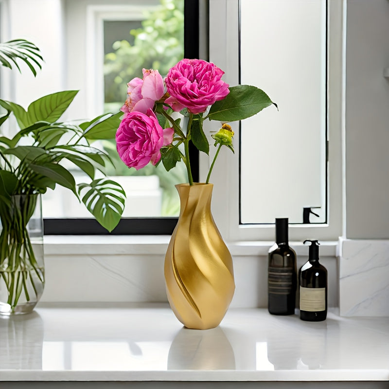 1 florero decorativo elegante de resina dorada con diseño floral rosa, estilo americano en forma de cilindro espiral, para sala, balcón o escritorio de oficina, decoración para el hogar