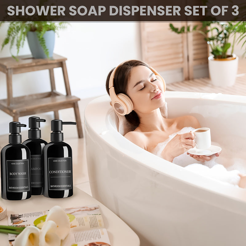 Juego de 3 Dispensadores de Champú y Acondicionador GAONLY - Botellas Modernas de PET de 16.9oz para Jabón de Ducha con Bomba y Etiquetas - Dispensadores de Gel de Baño Fáciles de Recargar para una Decoración Instantánea del Baño - Regalo de Navidad