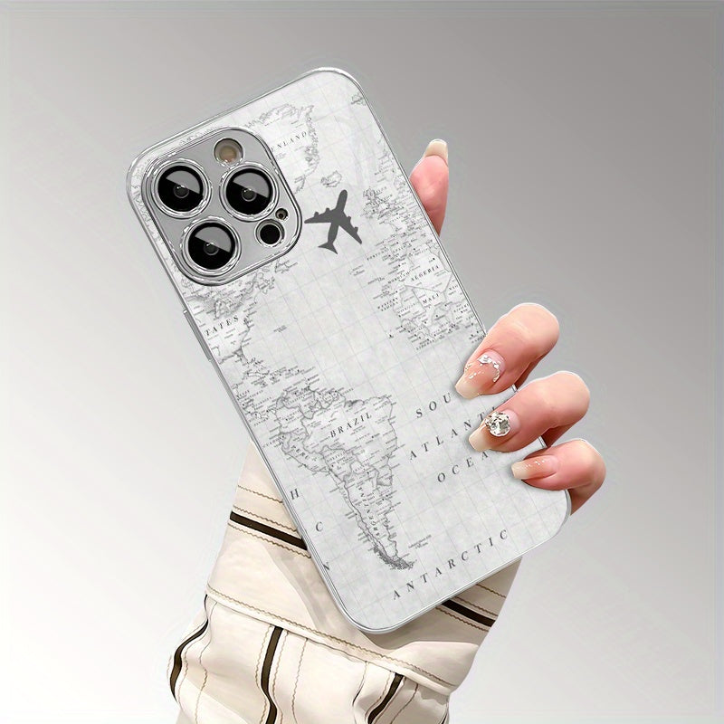 Fundas de Teléfono TPU Electroplateadas con Patrón Creativo de Vuelo en Mapa Gris y Protección para Lente para iPhone 16/16Pro/16ProMax/16Plus/16e, 15/15Plus/15Pro/15ProMax, 14/14Plus/14Pro/14ProMax, 13/13Pro/13ProMax, 12/12Pro/12ProMax, 11/11Pro/11ProMa