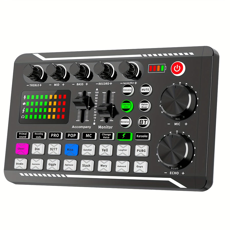 Tarjeta de sonido en vivo con interfaz de audio USB, efectos de mezclador DJ y cambiador de voz - Batería de litio recargable, equipo de estudio portátil para streaming, podcasting y gaming (Negro), Equipo para podcasting | Mezclador de audio moderno | T