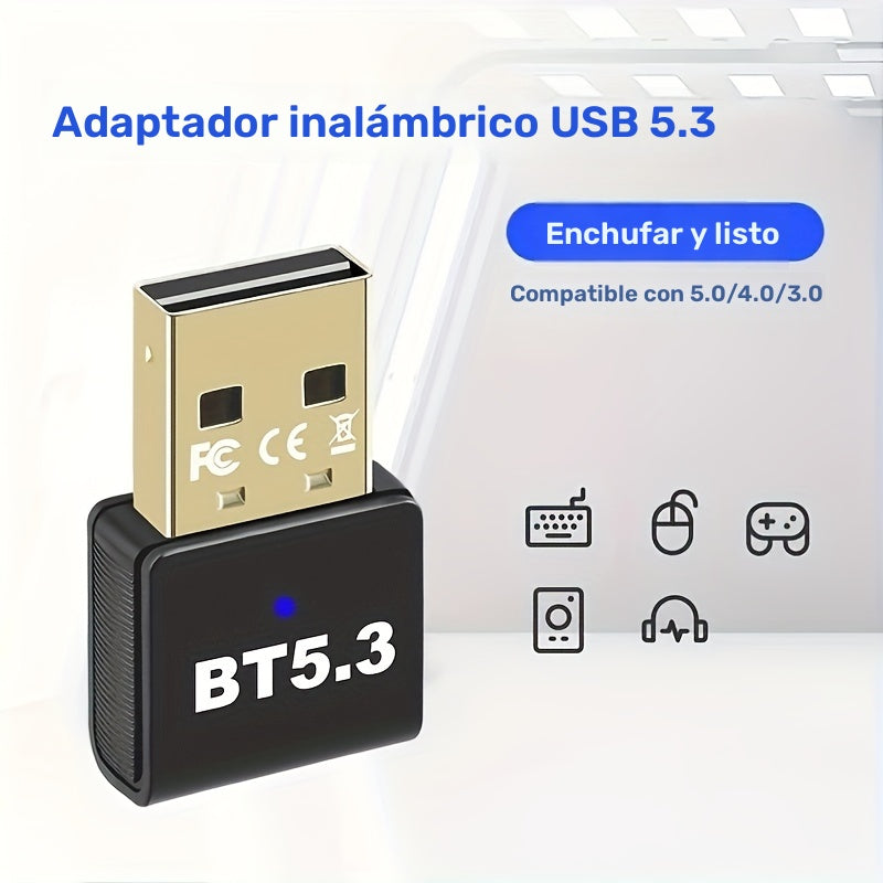 Adaptador inalámbrico USB 5.3 para PC, auriculares, teclado, ratón, altavoces - Plug and Play, compatible con Windows 11/10/8.1, compatible con versiones anteriores de 5.2/5.1/5.0/4.2/4.1/4.0, admite 7 dispositivos, no requiere batería.