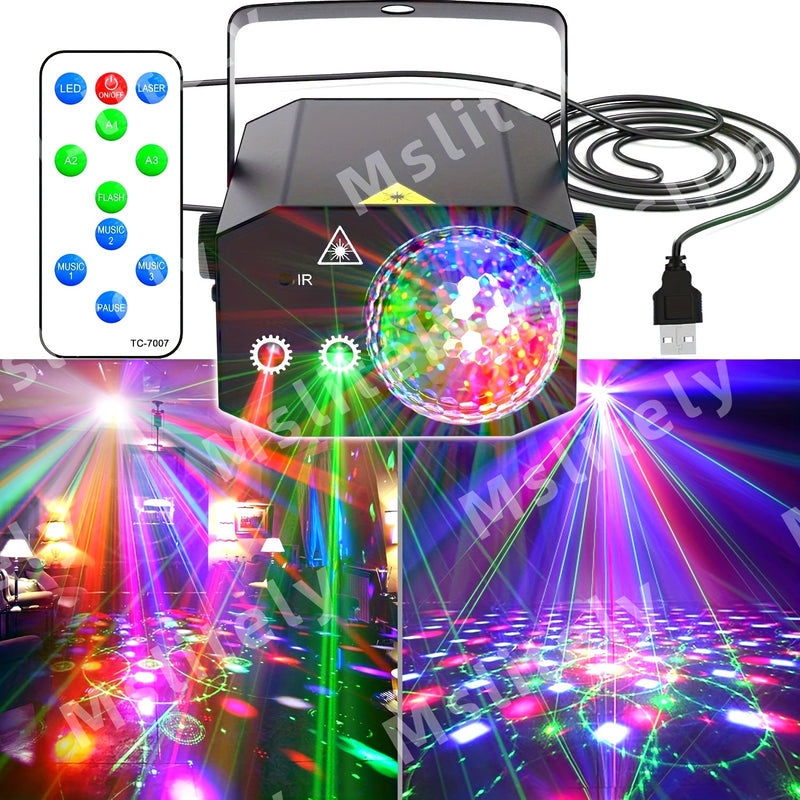 Luz de escenario de fiesta de bolas mágicas de láser 3 en 1 de MSLITELY con alimentación USB, luces LED y rayos de colores - Cuerpo de metal duradero, control remoto, 36V seguro para el hogar, clubes, bodas, eventos, iluminación de eventos, iluminación v
