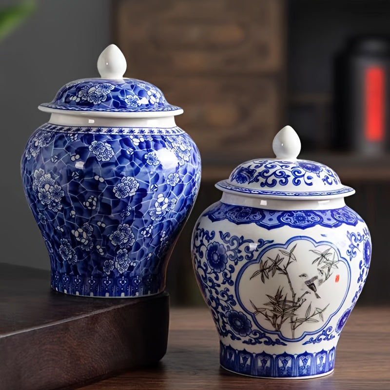 Tarro de porcelana sellado vintage azul y blanco, adorno decorativo, accesorios para juego de té, contenedor de hojas de té, tarro de cerámica resistente a la humedad