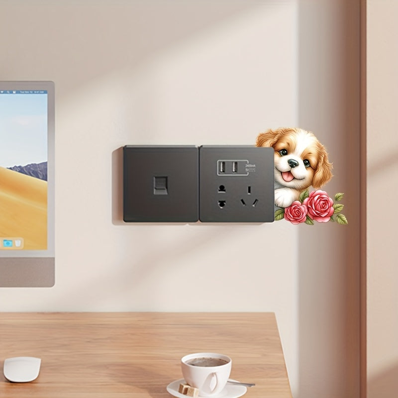 1 Adhesivo de interruptor de pared con cachorro adorable y rosas, divertido vinilo 3D, perfecto para dormitorio, baño, fácil de aplicar y quitar, decoración estética del hogar, decoración de la habitación, embellece tu hogar