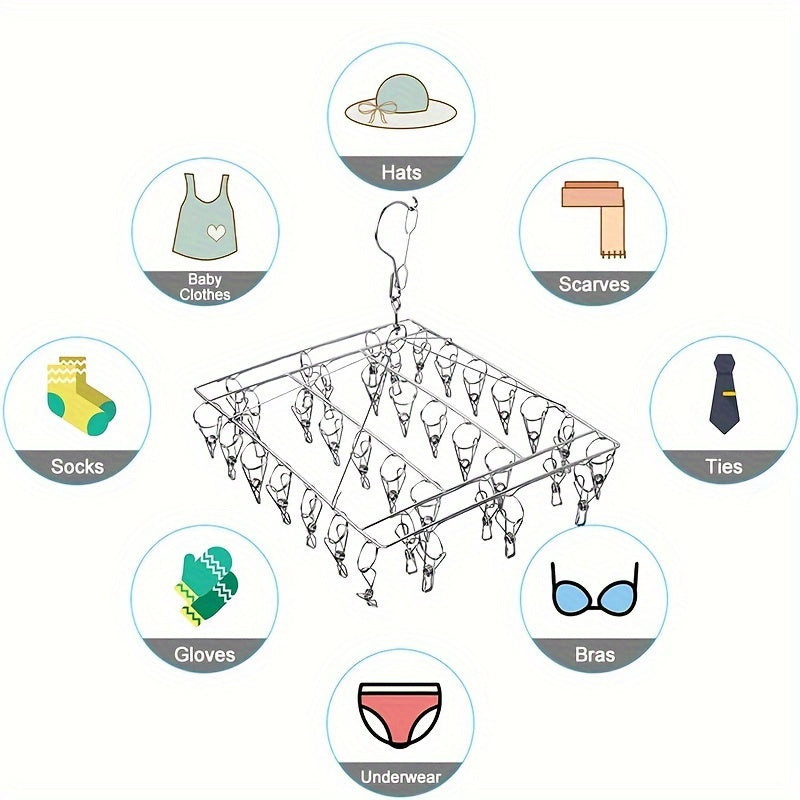 1pc Soporte De Secado De Calcetines De Acero Inoxidable Con Clip Múltiple, Gancho Giratorio A Prueba De Viento, Percha Para Ropa, Soporte De Secado De Ropa Para Calcetines, Sujetadores, Ropa Interior, Accesorios De Lavandería