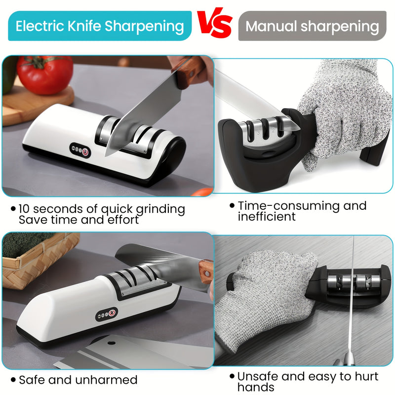 Afilar cuchillos de cocina profesional de 2 velocidades, dispositivo de afilado automático eficiente para cuchillos de chef/cuchillos de cerámica/cuchillos de frutas/cuchillos de corte, afilado y pulido rápido de acero, piedra de afilado eléctrica portát