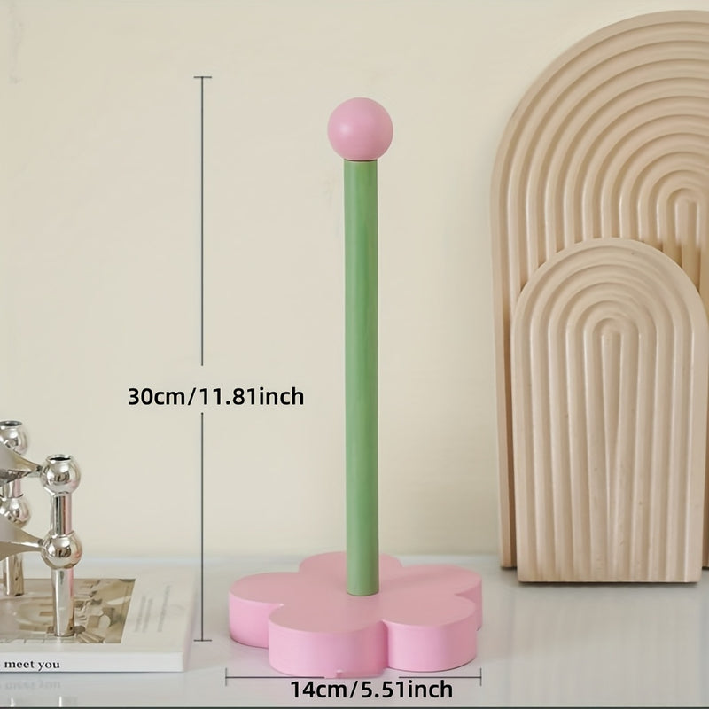 Porta Rollos de Papel Higiénico con Diseño Floral Encantador - Dispensador Independiente sin Taladro en Rosa Pastel y Verde, Madera Natural de Pino para Cocina, Baño o Sala - Decoración Elegante, Organizador Rústico, Duradero, Regalo Ideal para Interiores