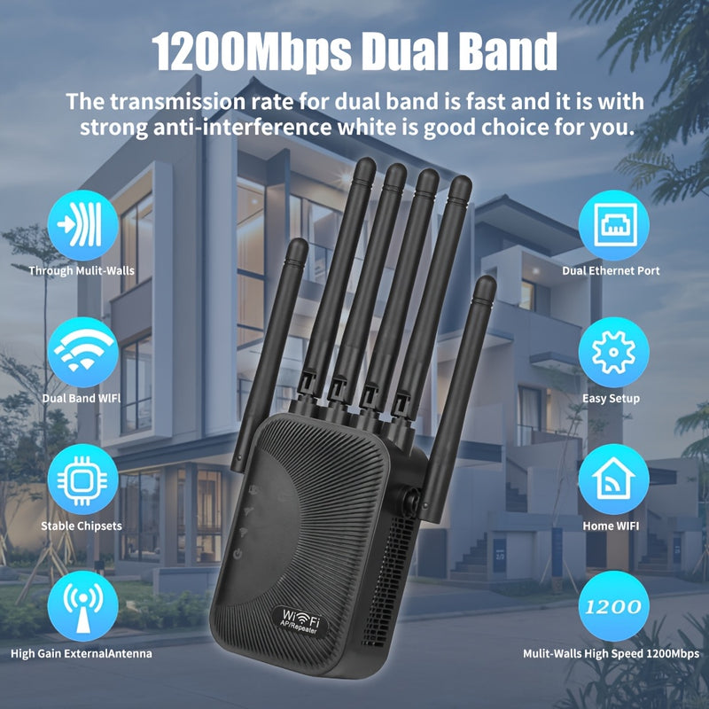 Extensor de WiFi Momoter - Amplificador de Señal con Puerto Ethernet, 6 Antenas (Cobertura 360°), Red Inalámbrica para Hogar/Oficina, Compatible con Smartphones, Tabletas y TVs Inteligentes, Enchufes US, Antenas Verticales, Electrónica de Alta Calidad