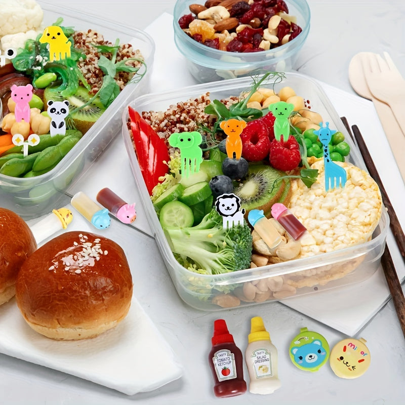 38/48 piezas de botellas exprimibles para ensaladas, botellas para condimentos y salsas, tenedores decorativos para bento, diseños de animales y frutas animados, material de polipropileno, forma ovalada, solo lavado a mano