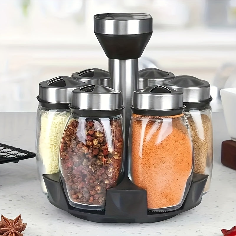 Juego de 7 frascos para especias con organizador giratorio, salero, frascos multiusos para cocina, frascos de vidrio, almacenaje a prueba de humedad - Ideal para organizar y almacenar en la cocina