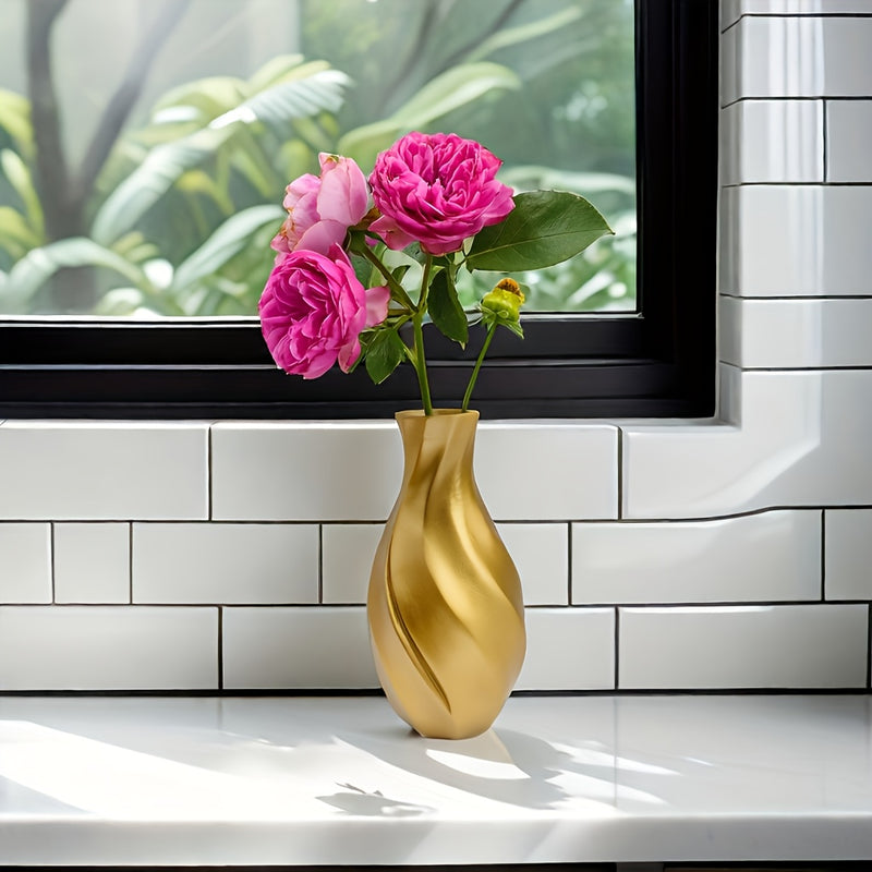 1 florero decorativo elegante de resina dorada con diseño floral rosa, estilo americano en forma de cilindro espiral, para sala, balcón o escritorio de oficina, decoración para el hogar