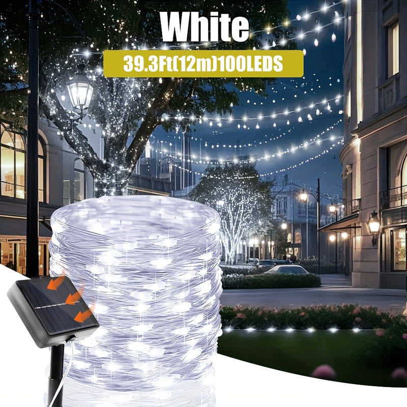 Luces solares de hilo plateado - Decoración exterior para patio, jardín, carpa, bar, restaurante, árbol, RV, 8 modos de iluminación, ideal para Halloween, Navidad, bodas y fiestas, luces colgantes solares de 7/12/22/32 metros