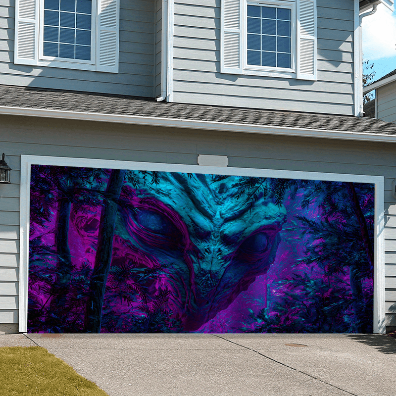 1 pieza de letrero de puerta de garaje de criatura alienígena mística - Gran decoración de arte de pared al aire libre con diseño vibrante de púrpura y azul, perfecto para fondos de fiestas de Halloween, decoración de jardín y celebraciones de fantasía,